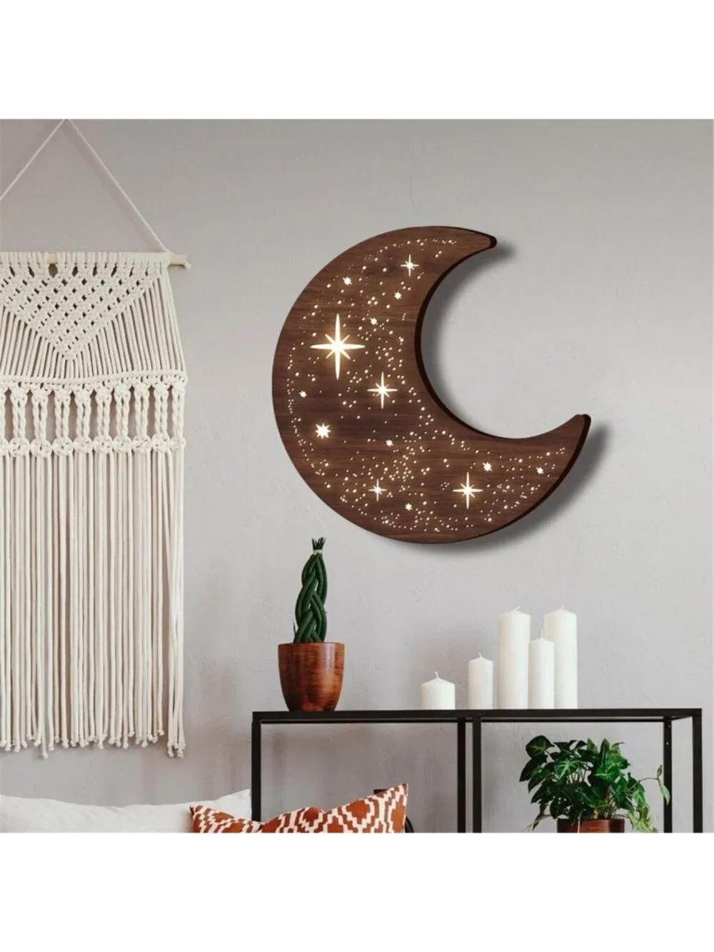 Wooden Moon Phase Wall Art Decor - LED Night Light Sculpture for Home Decor
